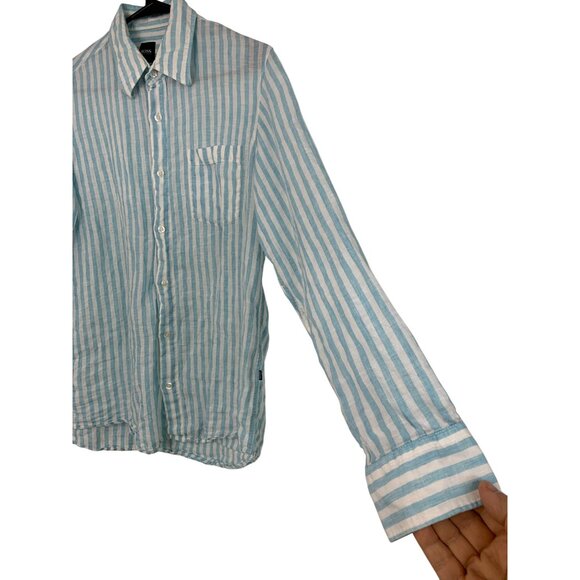 Mens Hugo Boss Blue Stripe 100% Linen Button-Up Sport Shirt M EUC 8881 Vacay - Picture 4 of 10